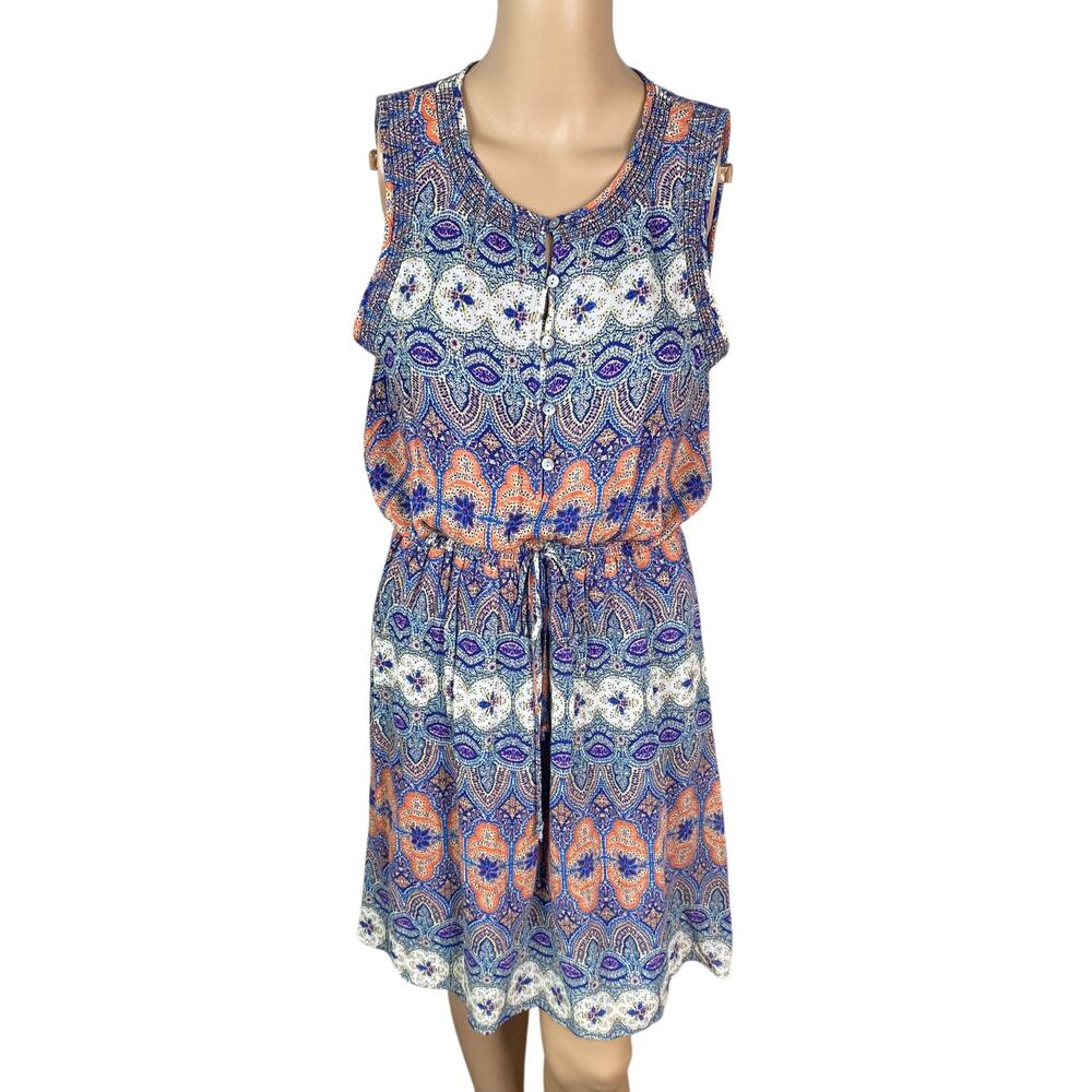 Lucky Brand Paisley Rayon Smocked Waist Sleeveless A-Line Boho Dress Small S